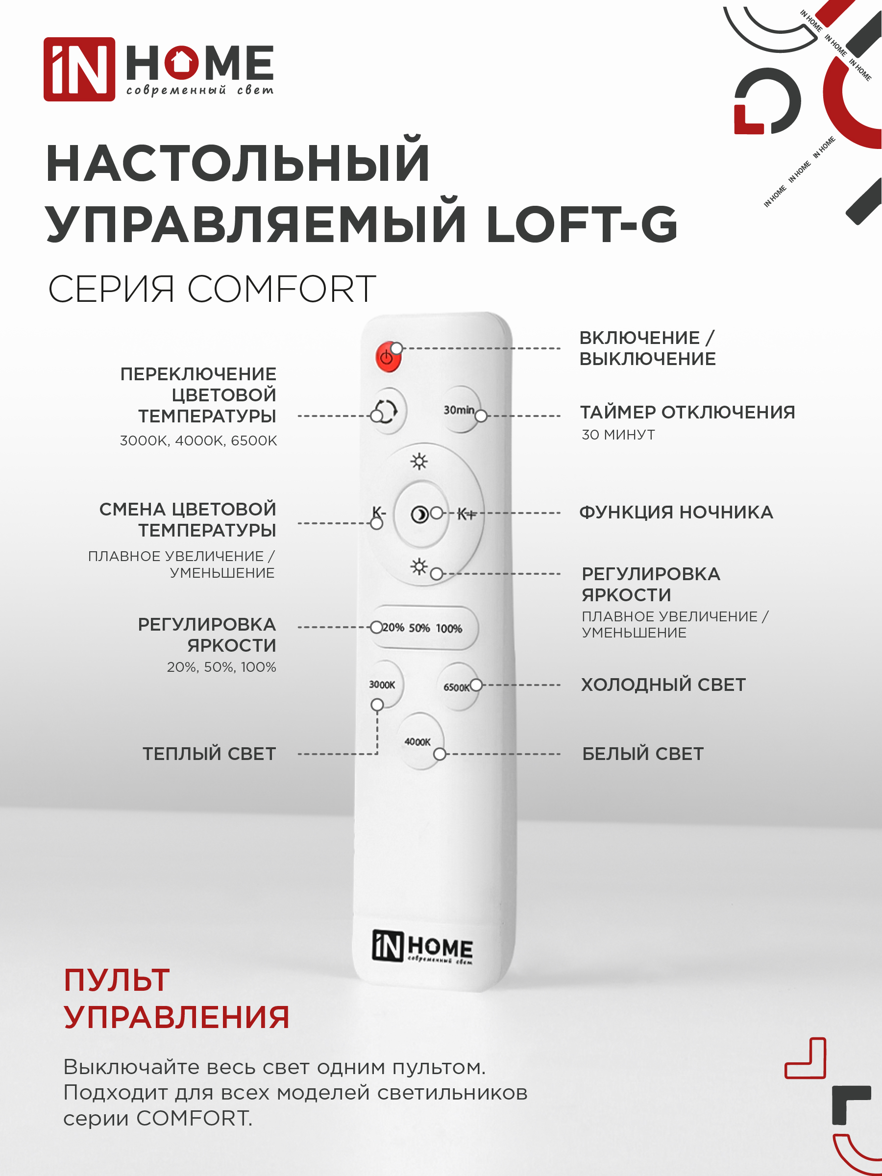 Светильник светодиодный COMFORT LOFT-G 120Вт 230В 3000-6500K 9600Лм 500x100мм с пультом ДУ IN HOME в Хабаровске