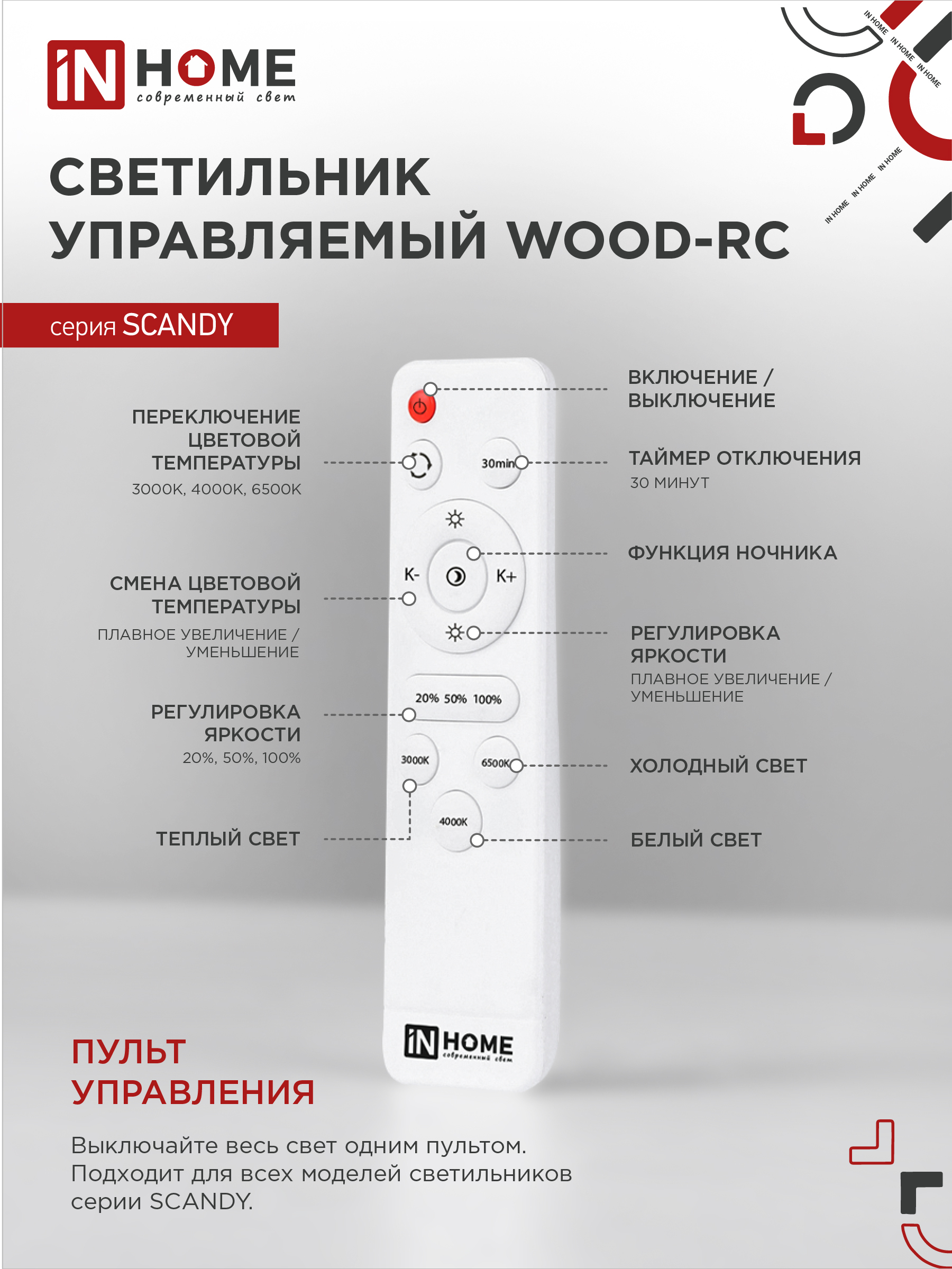 Светильник светодиодный SCANDY WOOD-120RCW 120Вт 230В 3000-6500K 9600Лм 500x50мм с пультом ДУ белый IN HOME в Хабаровске
