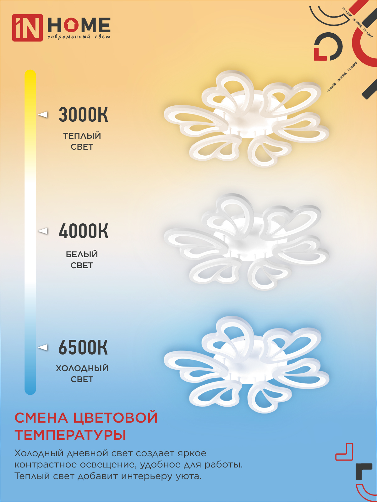 Светильник светодиодный ELEGANT IRIS 120Вт 230В 3000-6500K 607х535х85мм c пультом ДУ белый IN HOME в Хабаровске