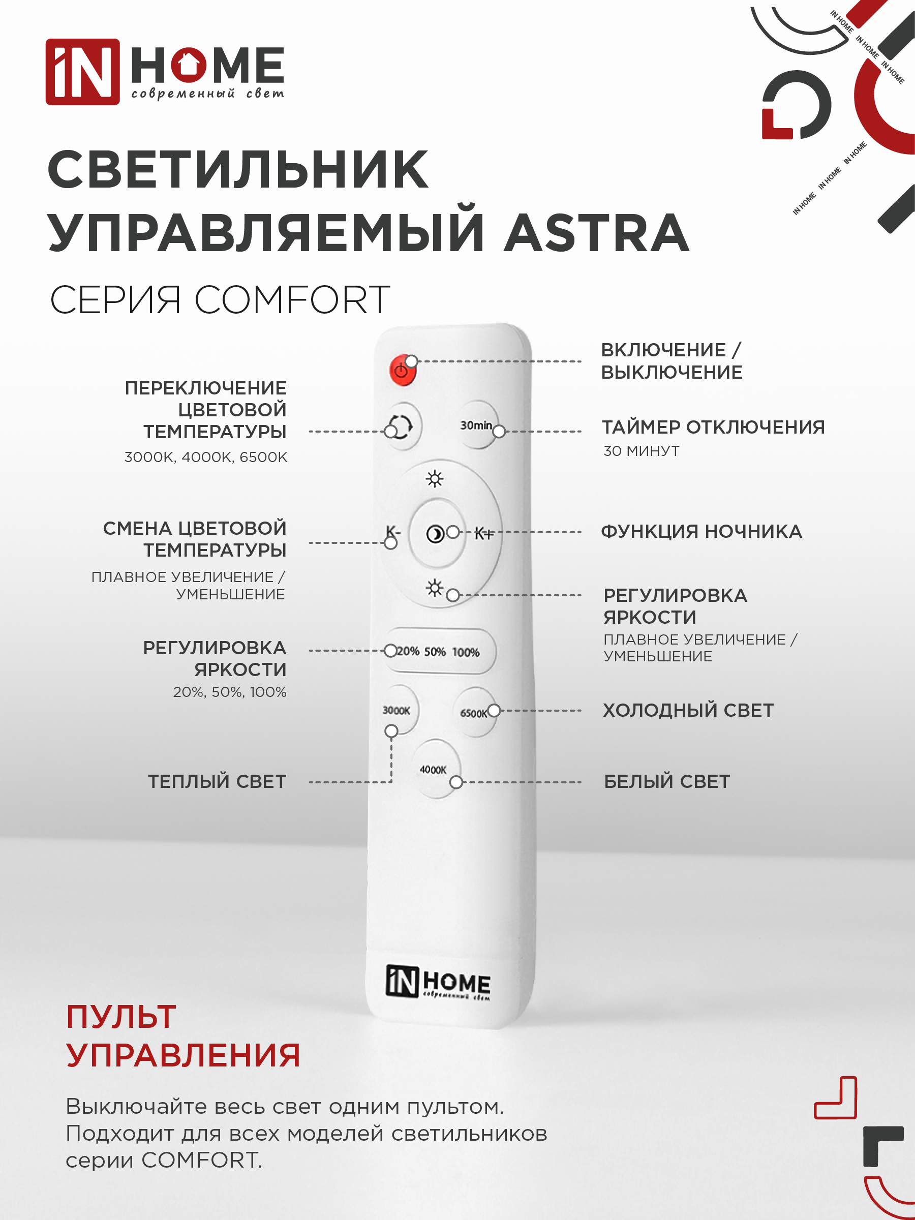 Светильник светодиодный COMFORT ASTRA 120Вт 230В 3000-6500K 9600Лм 500x100мм с пультом ДУ IN HOME в Хабаровске