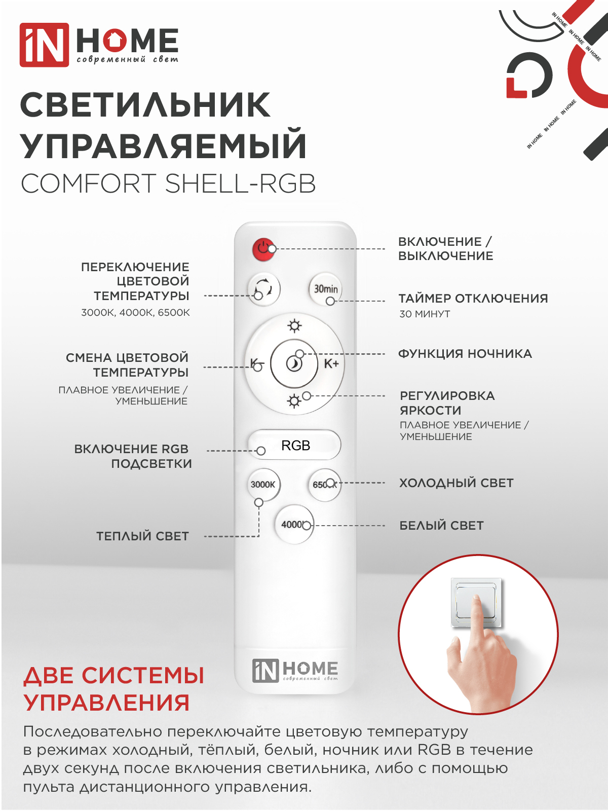 Светильник светодиодный COMFORT SHELL-RGB 125Вт 230В 3000-6500K 10000Лм 500x80мм с пультом ДУ IN HOME в Хабаровске