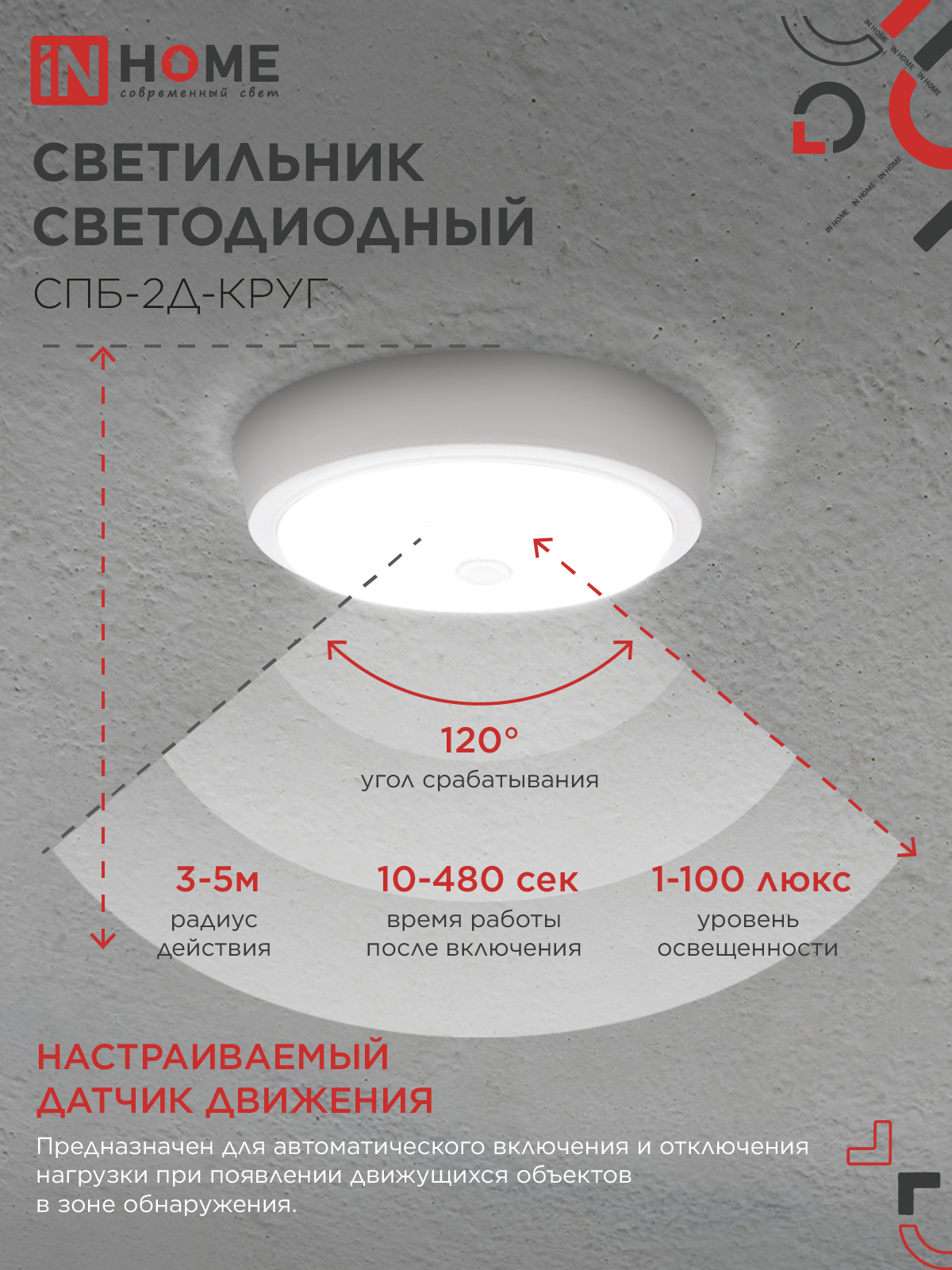 Светильник светодиодный СПБ-2Д-КРУГ 14Вт 230В 4000К 1100Лм 210мм с настраиваемым датчиком белый IN HOME в Хабаровске