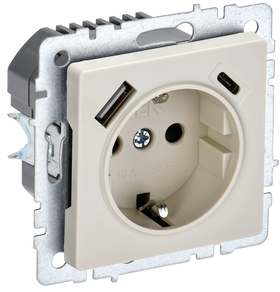 Розетка одинарная с з/к со шторками 16А с USB A+C 18Вт BRITE IEK бежевая в Хабаровске