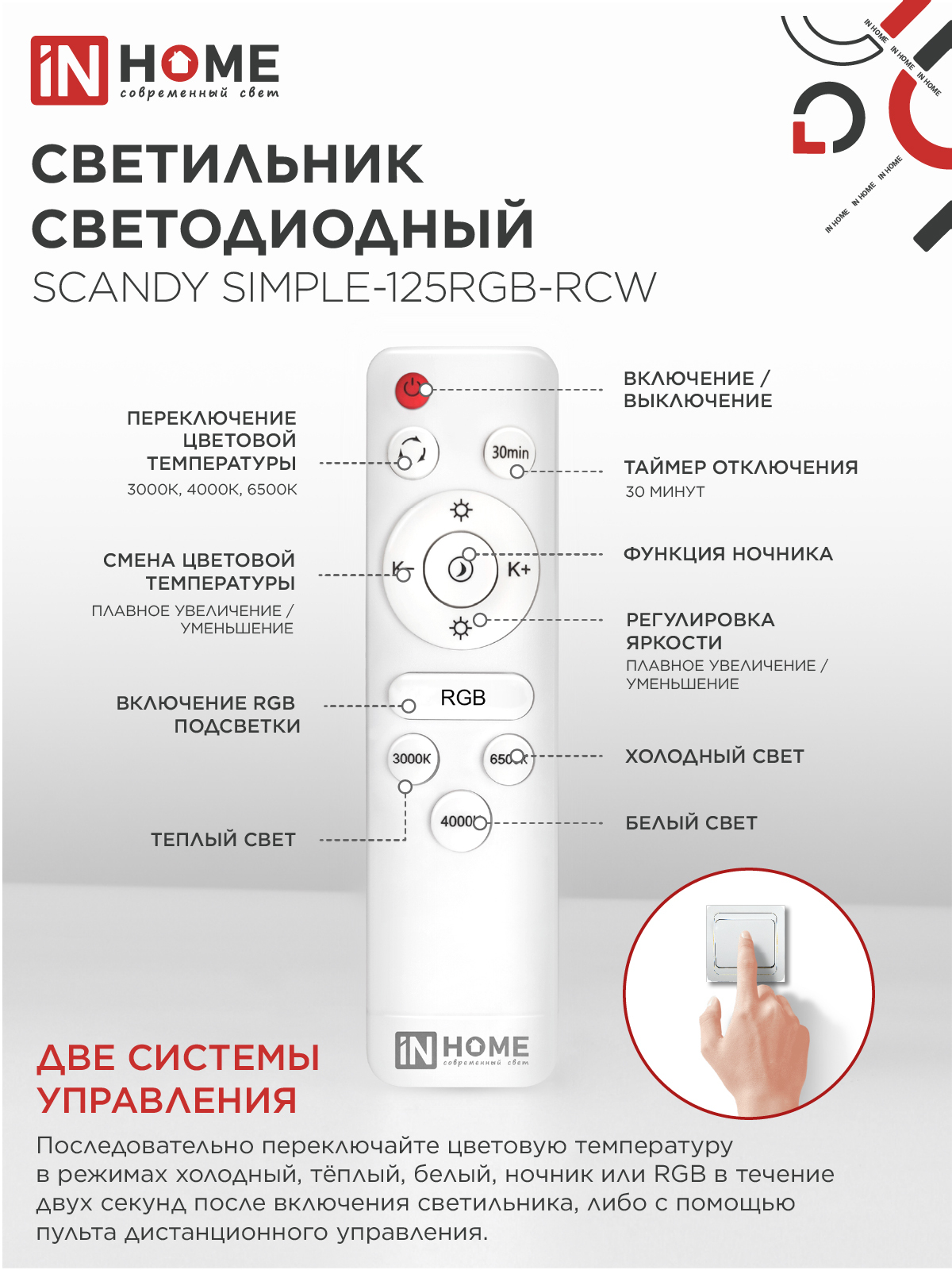Светильник светодиодный SCANDY SIMPLE-125RGB-RCW 125Вт 230В 3000-6500K 10000Лм 400x50мм пульт ДУ белый IN HOME в Хабаровске