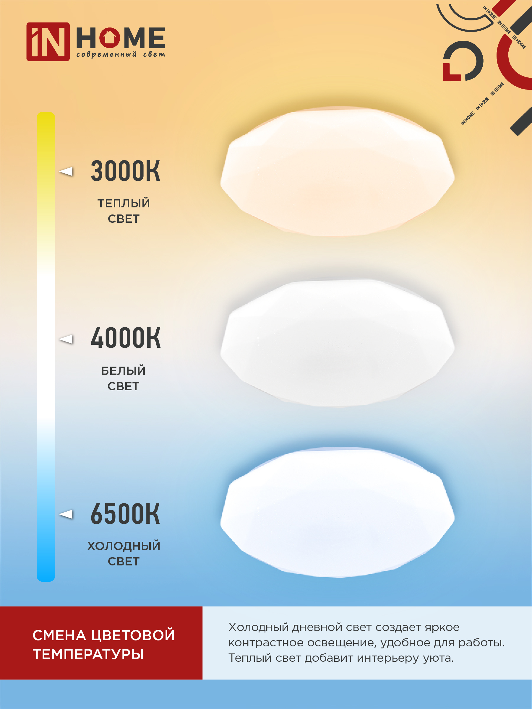Светильник светодиодный COMFORT DIAMOND 120Вт 230В 3000-6500K 9600Лм 500x90мм с пультом ДУ IN HOME в Хабаровске