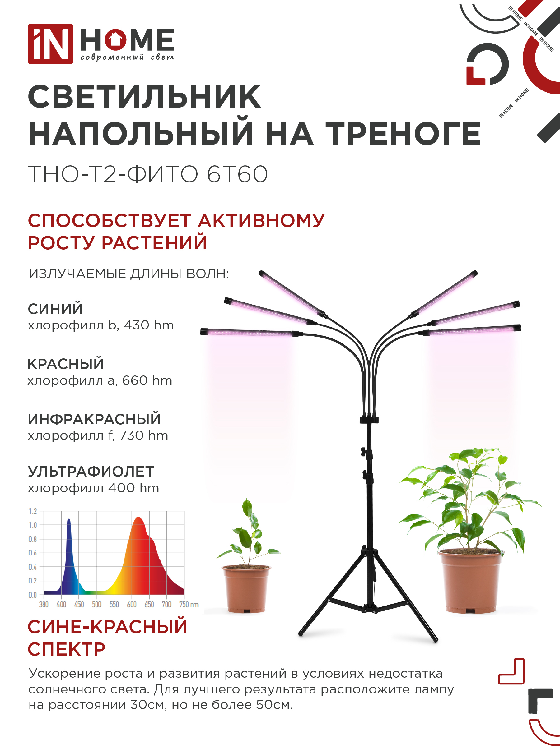 Светильник напольный на треноге светодиодный ТНО-Т2-ФИТО красно-синий 6Т60 60Вт 6 плафонов, пульт на шнуре IN HOME в Хабаровске