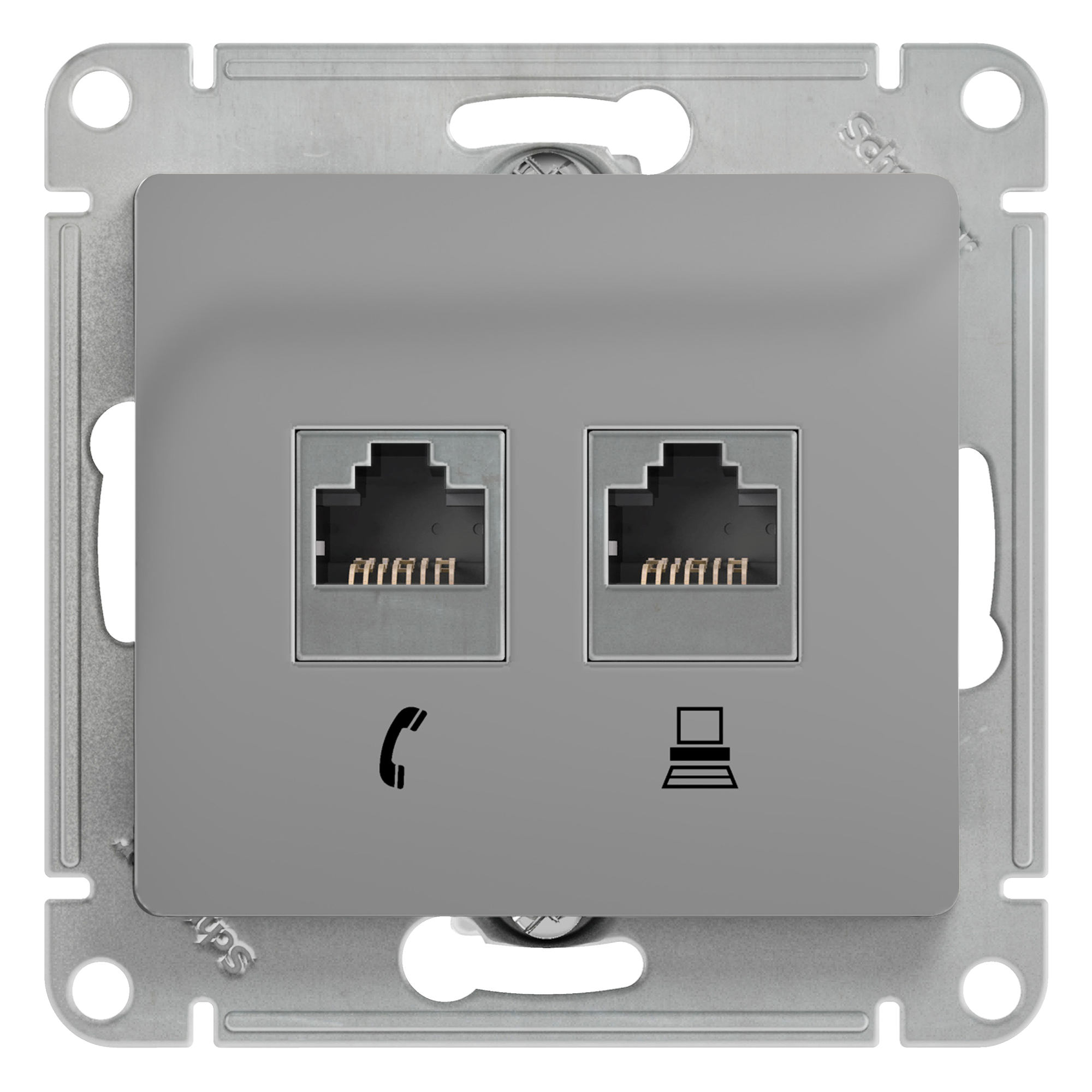 Розетка двойная телефонная компьютерная RJ11+RJ45 Glossa SE алюминий в Хабаровске