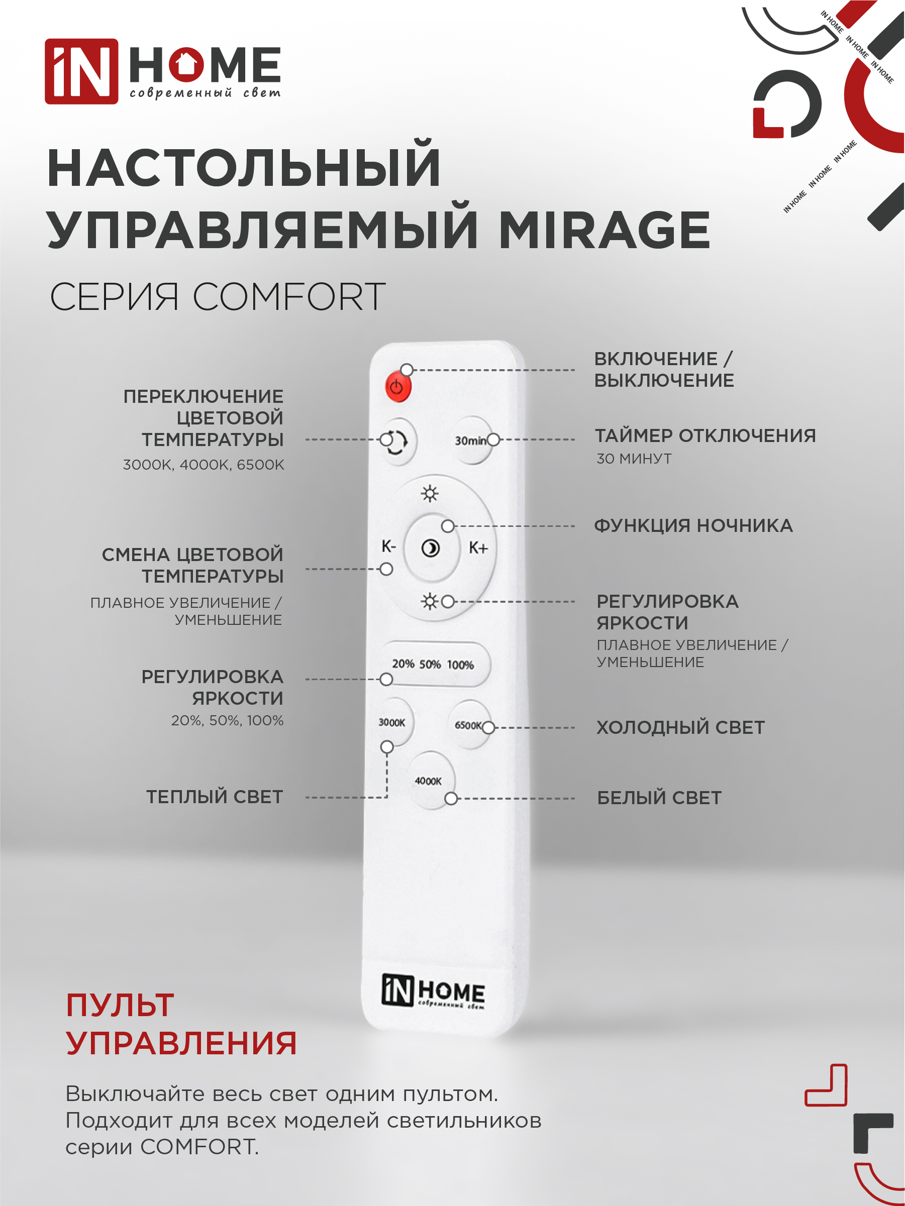 Светильник светодиодный COMFORT MIRAGE 75Вт 230В 3000-6500K 6000Лм 500x105мм с пультом ДУ IN HOME в Хабаровске
