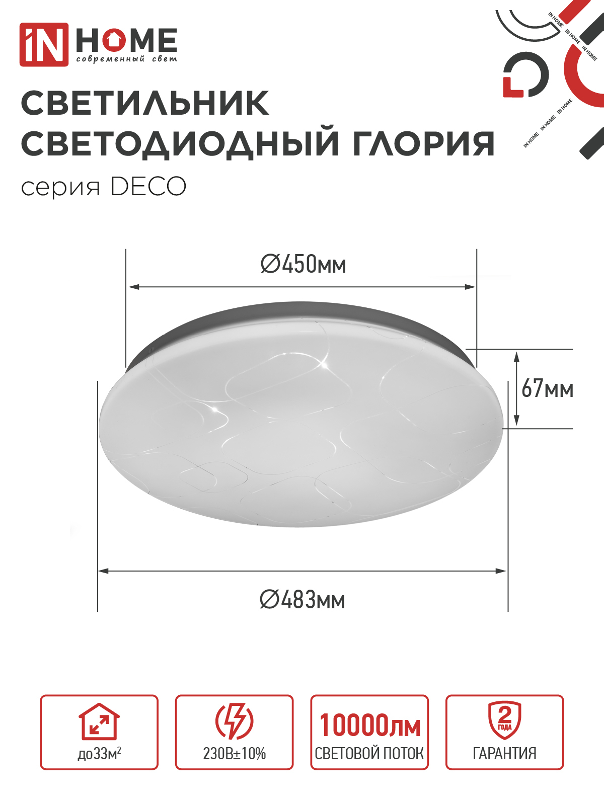 Светильник светодиодный серии DECO ГЛОРИЯ 95Вт 230В 6500К 10000Лм 483х67мм IN HOME в Хабаровске