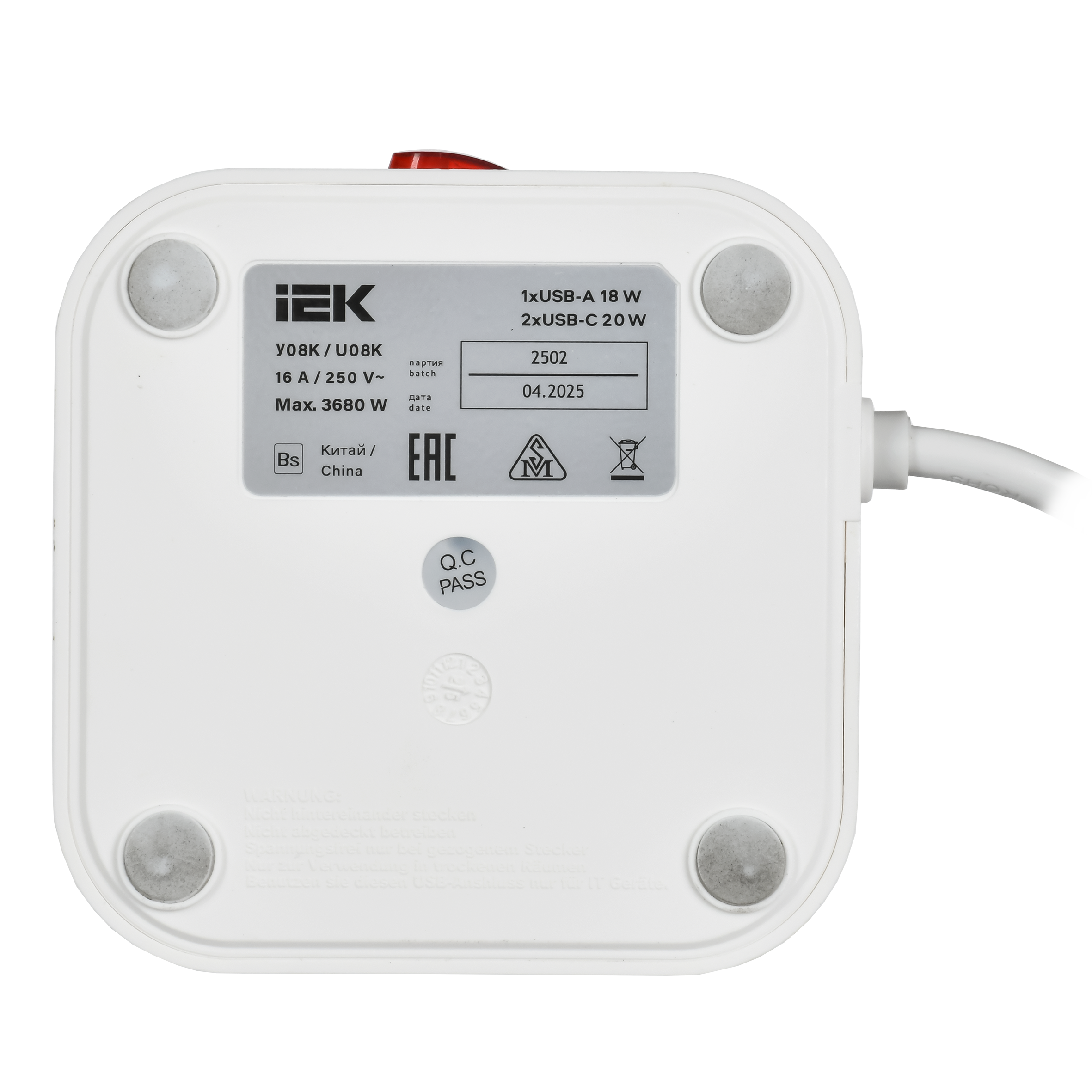Удлинитель DOMINIC У08K 1,5м 3х1мм2 USB A+C 20Вт белый IEK в Хабаровске