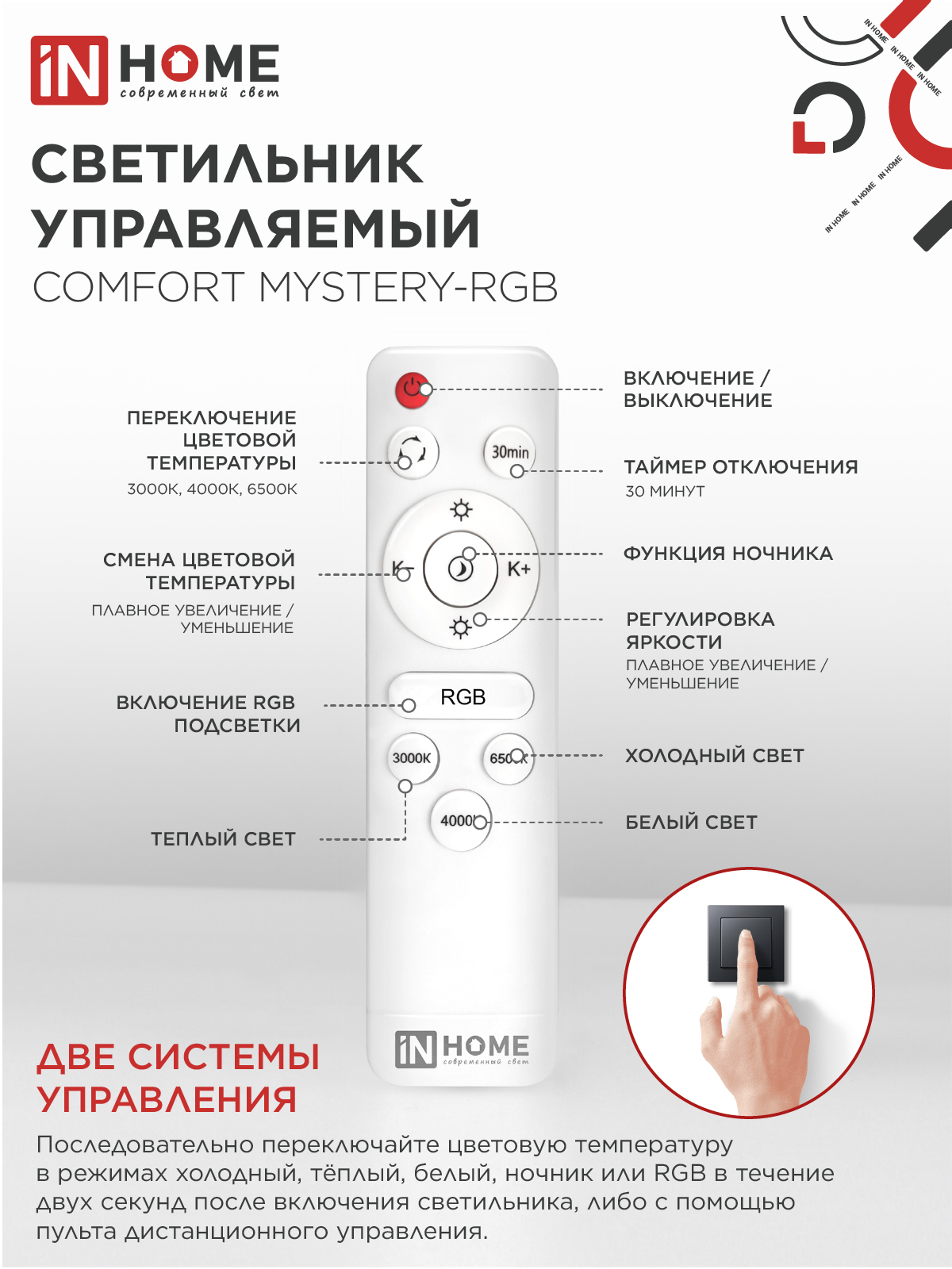 Светильник светодиодный COMFORT MYSTERY-RGB 125Вт 230В 3000-6500K 10000Лм 500x80мм с пультом ДУ IN HOME в Хабаровске