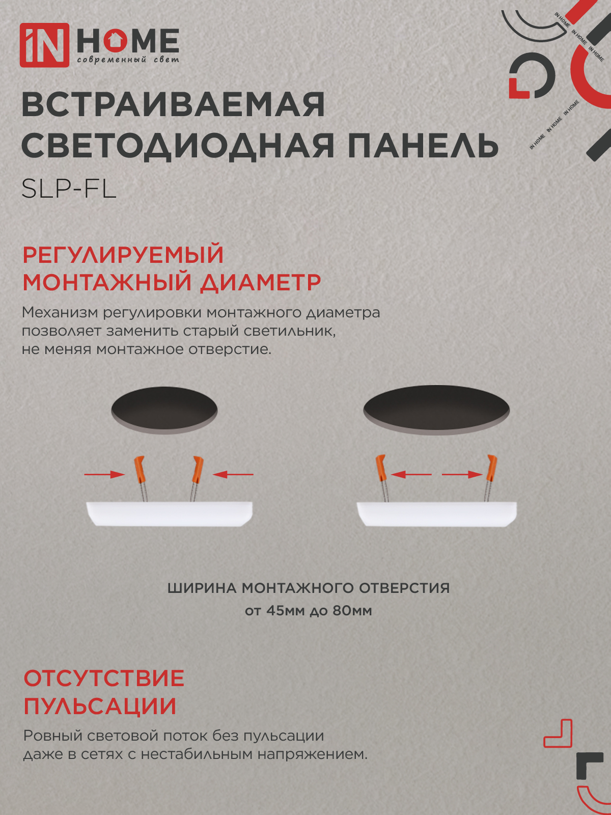 Панель светодиодная встраиваемая безрамочная SLP-FL 10Вт 230В 4000К 900Лм 103мм с рег.монтажом 45-80мм белая IP20 IN HOME в Хабаровске