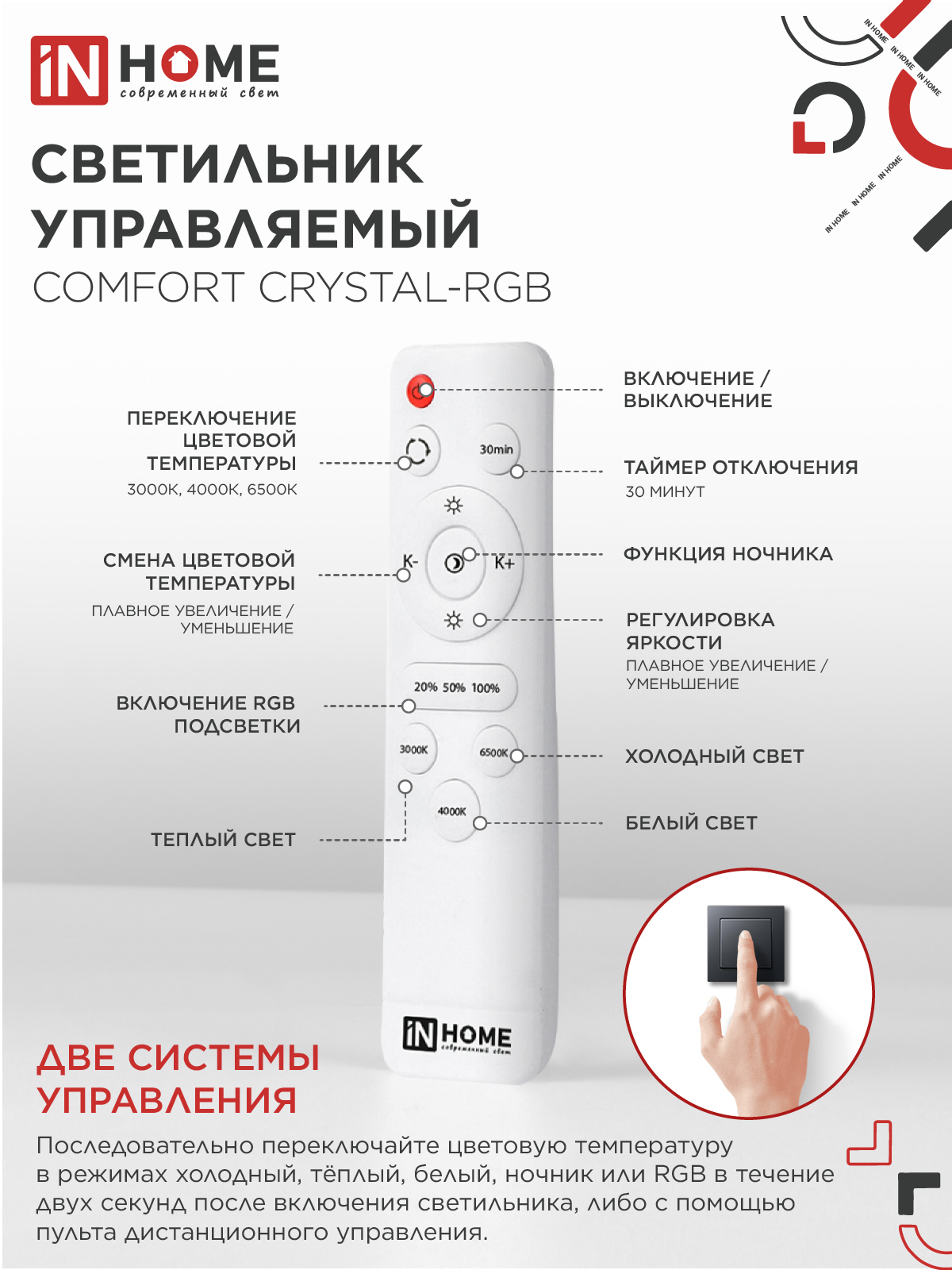Светильник светодиодный COMFORT CRYSTAL-RGB 125Вт 230В 3000-6500K 10000Лм 500x115мм с пультом ДУ IN HOME в Хабаровске