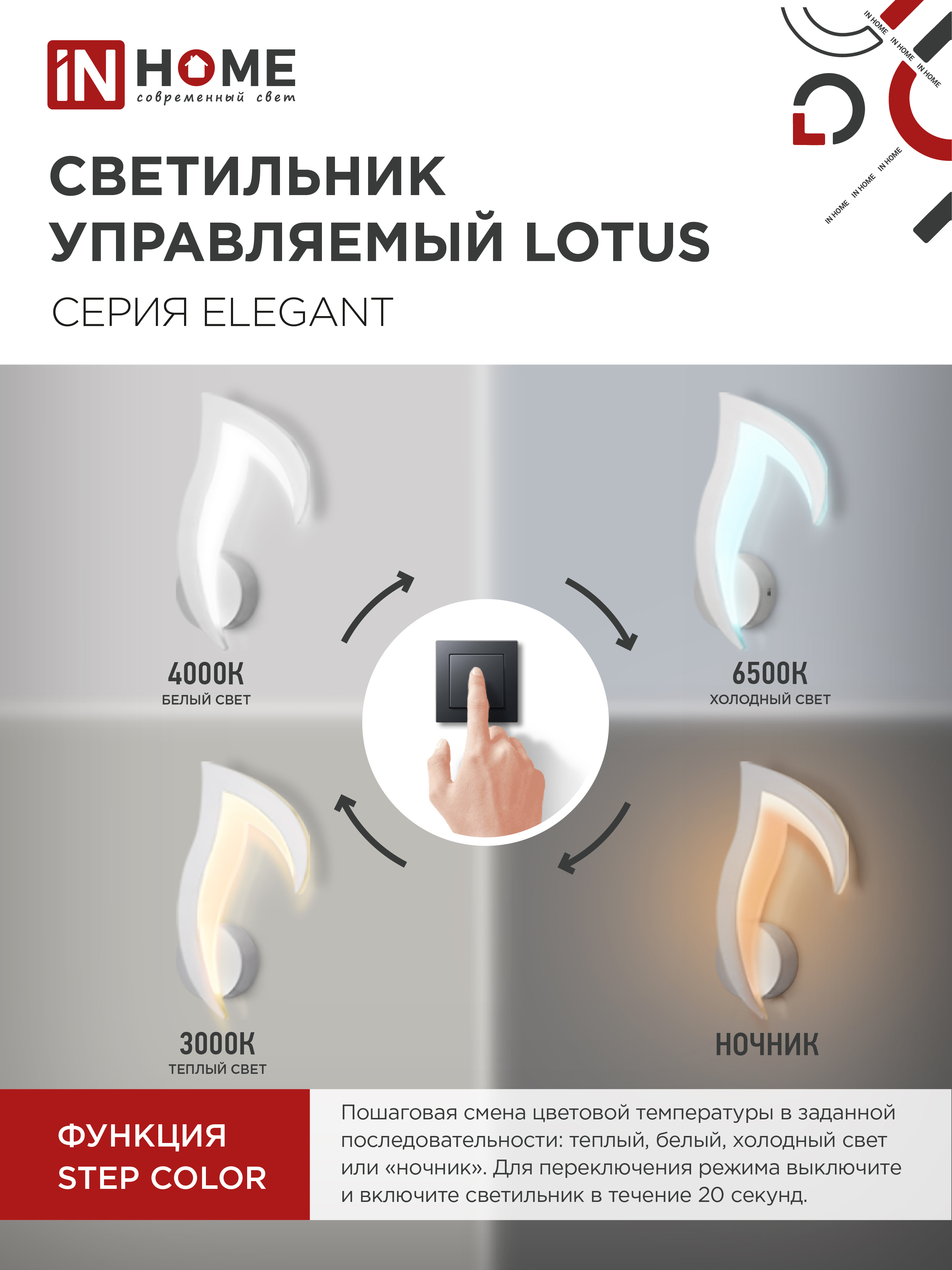 Светильник светодиодный ELEGANT LOTUS 15Вт 230В 3000-6500K 1200Лм STEP COLOR белый IN HOME в Хабаровске