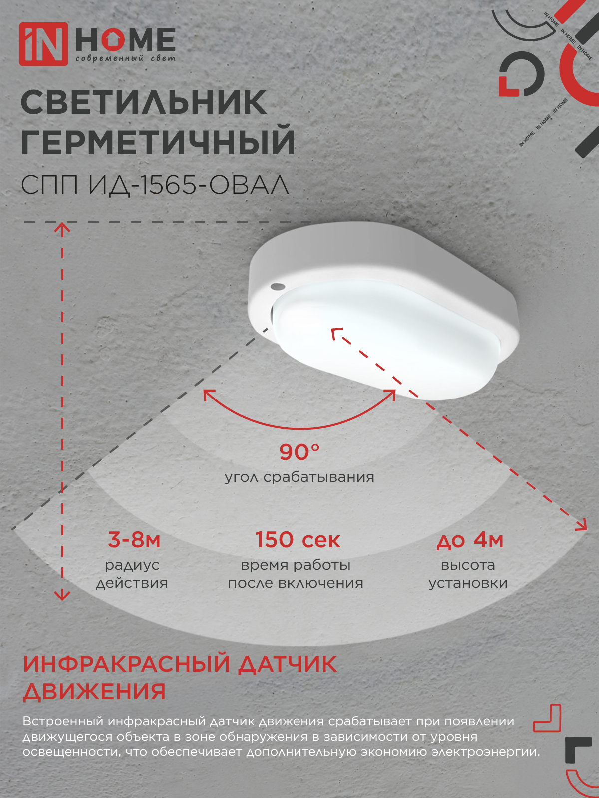 Светильник светодиодный герметичный СПП ИД-1565-ОВАЛ 15Вт 6500К 1350Лм с инфракрасным датчиком IP65 160х88мм IN HOME в Хабаровске