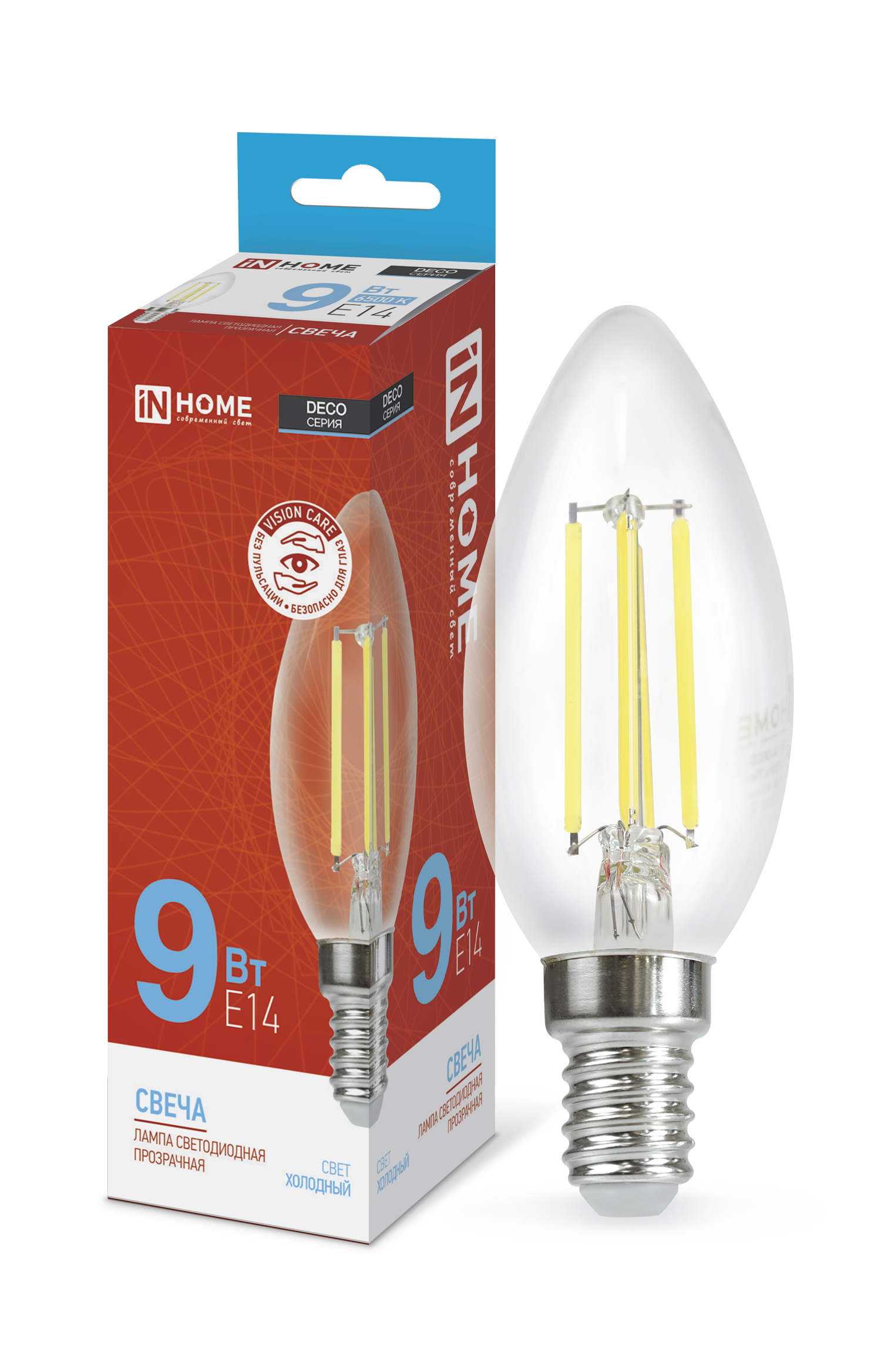 Лампа светодиодная LED-СВЕЧА-deco 9Вт 230В Е14 6500К 1040Лм прозрачная IN HOME в Хабаровске