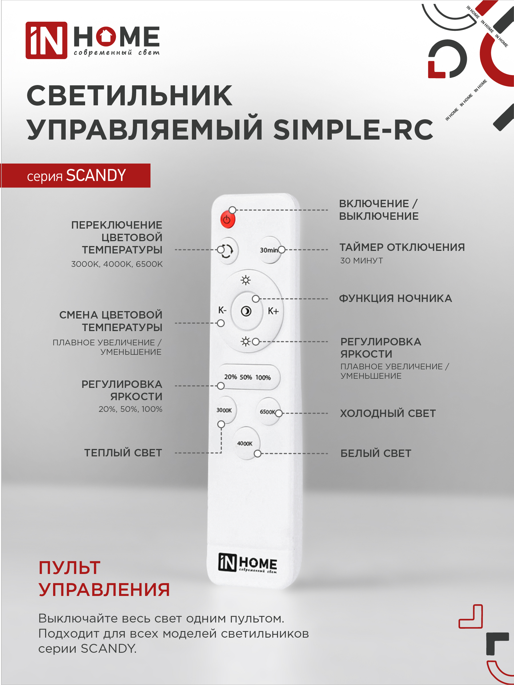 Светильник светодиодный SCANDY SIMPLE-75RCW 75Вт 230В 3000-6500K 6000Лм 400x50мм с пультом ДУ белый IN HOME в Хабаровске