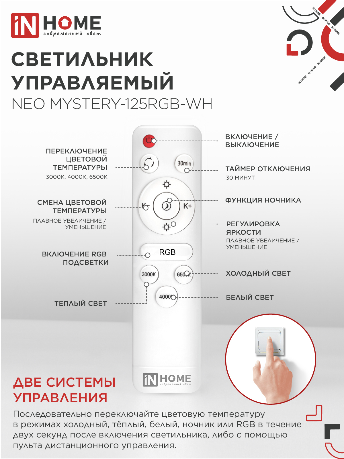 Светильник светодиодный NEO MYSTERY-125RGB-WH 125Вт 230В 3000-6500K 10000Лм 465x60мм ДУ белый IN HOME в Хабаровске