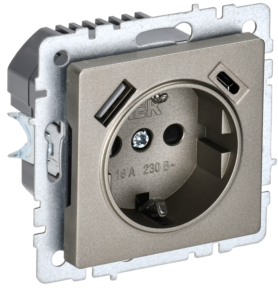 Розетка одинарная с з/к со шторками 16А с USB A+C 18Вт BRITE IEK шампань в Хабаровске
