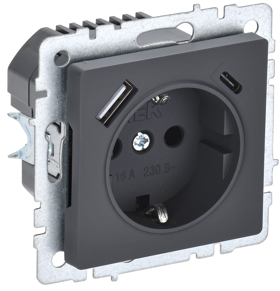 Розетка одинарная с з/к со шторками 16А с USB A+C 18Вт BRITE IEK графит в Хабаровске