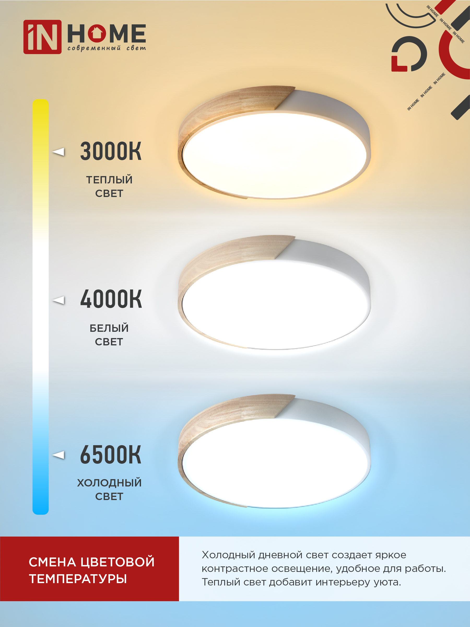 Светильник светодиодный SCANDY WOOD-120RCW 120Вт 230В 3000-6500K 9600Лм 500x50мм с пультом ДУ белый IN HOME в Хабаровске