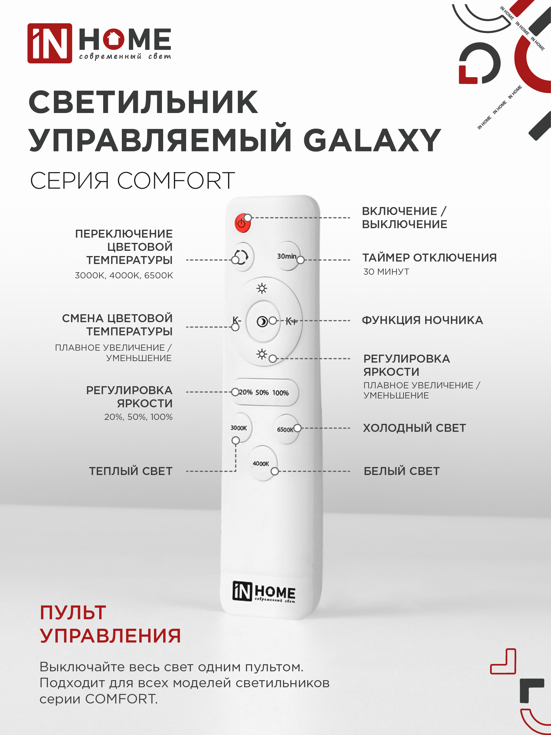 Светильник светодиодный COMFORT GALAXY 120Вт 230В 3000-6500K 9600Лм 560x85мм с пультом ДУ IN HOME в Хабаровске