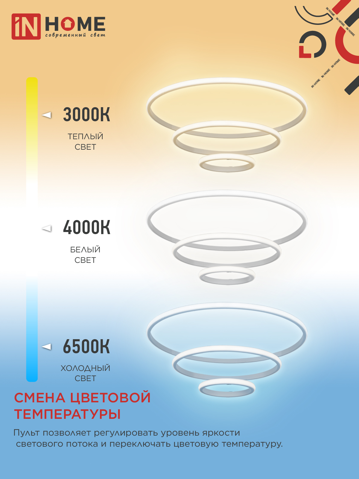 Светильник светодиодный ESTETIKA RING-140RC-3WH 140Вт 230В 3000-6500K 600/400/200 1.2м трос пульт ДУ белый IN HOME в Хабаровске