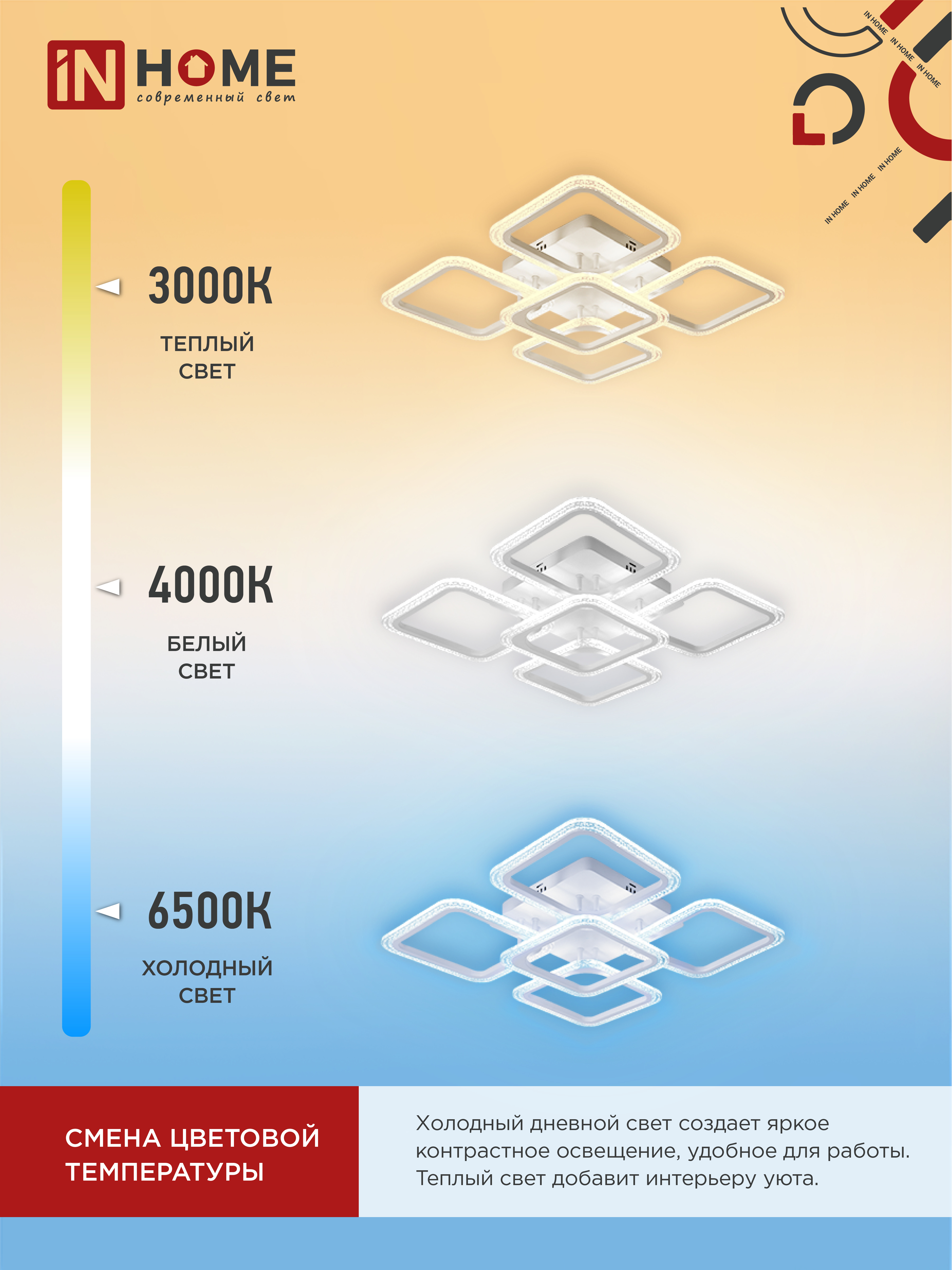 Светильник светодиодный ELEGANT ARIS-W-BG 90Вт 230В 3000-6500K 7000Лм 557х557х115мм пульт ДУ белый IN HOME в Хабаровске