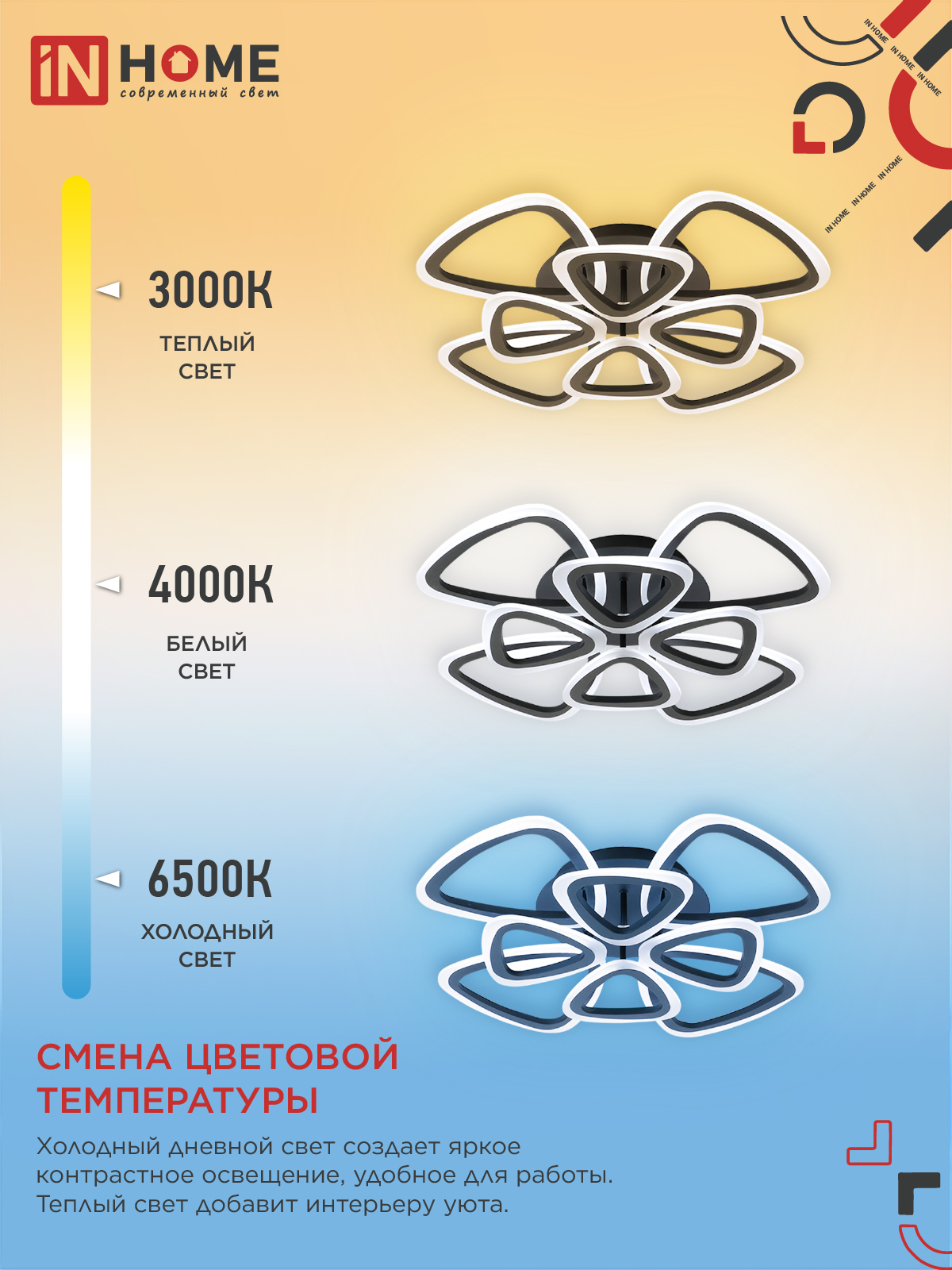Светильник светодиодный ELEGANT SANSA-B 120Вт 230В 3000-6500K 650х650х130мм c пультом ДУ черный IN HOME в Хабаровске