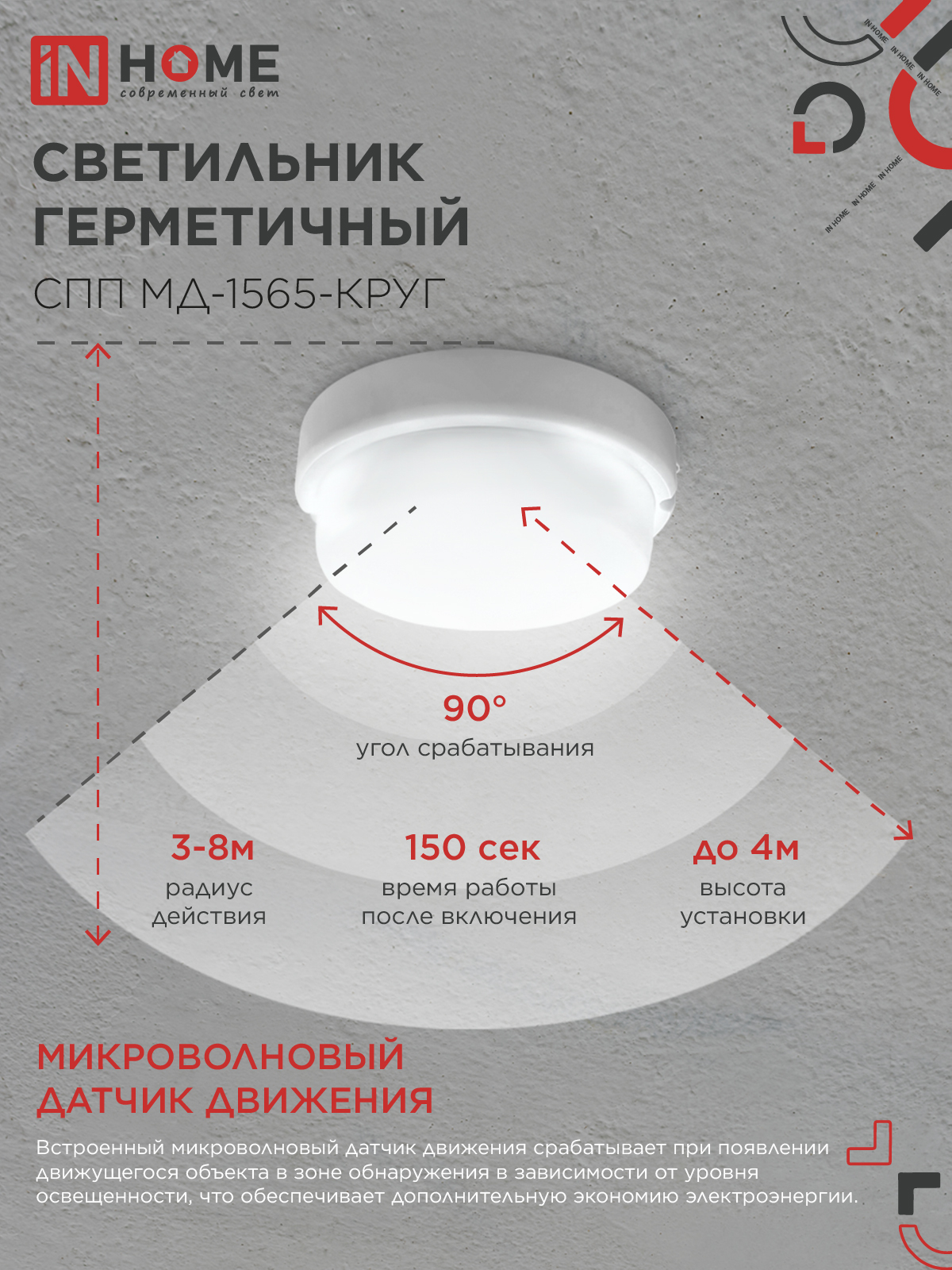 Светильник светодиодный герметичный СПП МД-1565-КРУГ 15Вт 6500К 1350Лм с микроволновым датчиком IP65 140мм IN HOME в Хабаровске