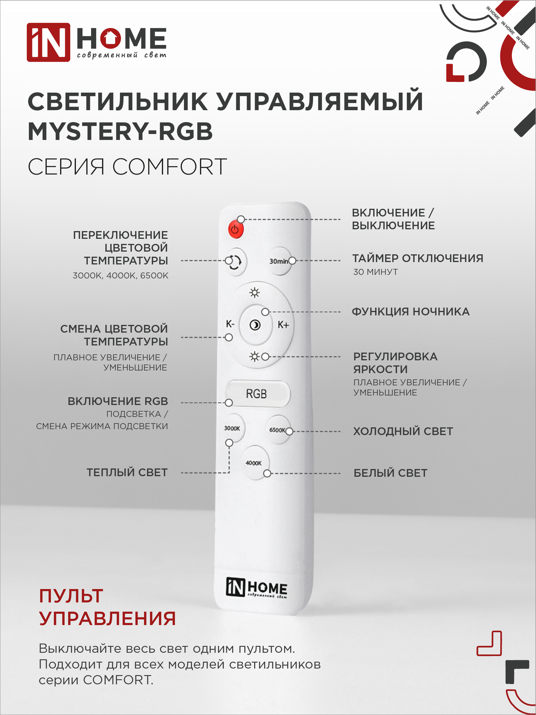 Светильник светодиодный COMFORT MYSTERY-RGB 80Вт 230В 3000-6500K 6000Лм 500x80мм с пультом ДУ IN HOME в Хабаровске