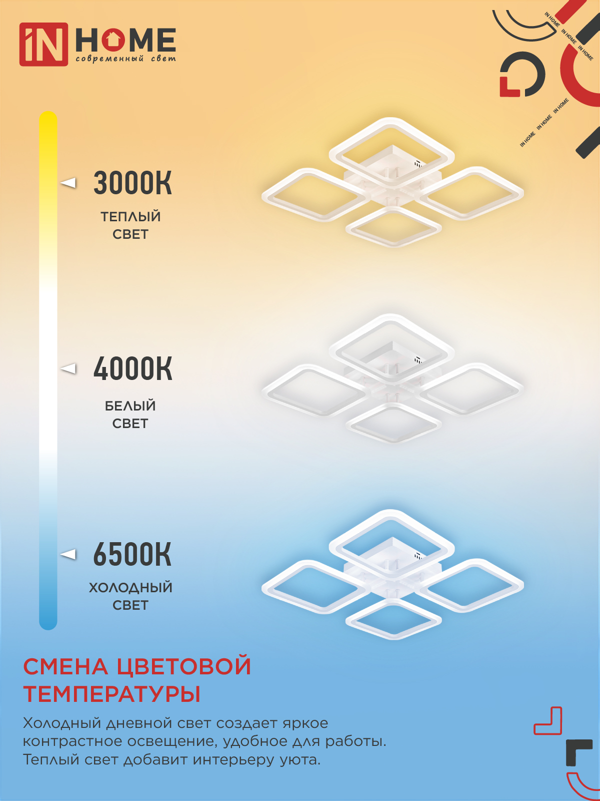 Светильник светодиодный ELEGANT ARIS-W 60Вт 230В 3000-6500K 4700Лм 450х450х75мм c пультом ДУ белый IN HOME в Хабаровске