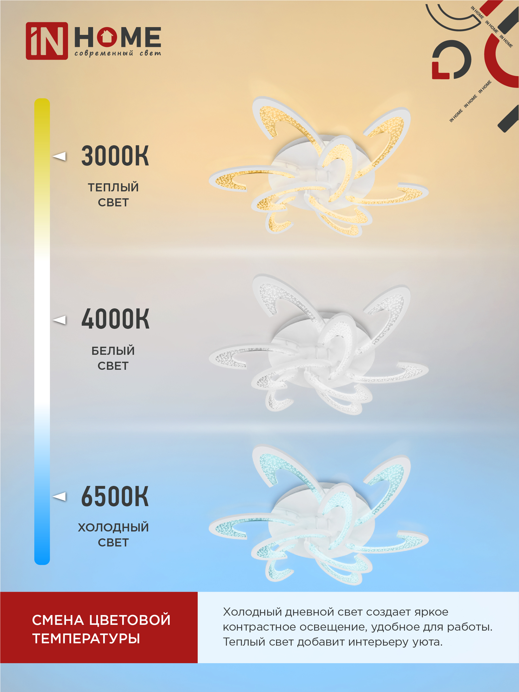 Светильник светодиодный ELEGANT ORBIT 120Вт 230В 3000-6500K 925х810х120мм c пультом ДУ белый IN HOME в Хабаровске