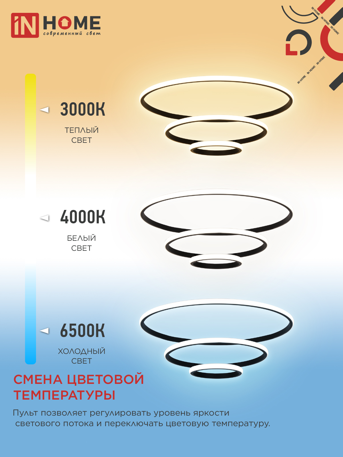 Светильник светодиодный ESTETIKA RING-140RC-3BL 140Вт 230В 3000-6500K 600/400/200 1.2м трос пульт ДУ черный IN HOME в Хабаровске