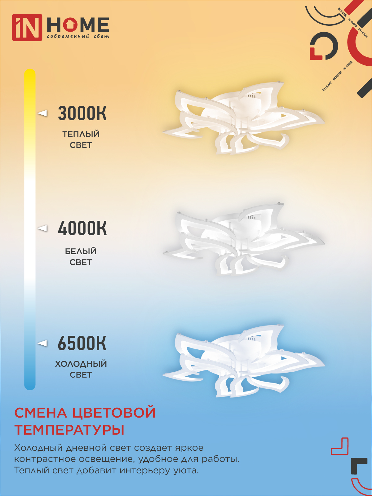 Светильник светодиодный ELEGANT LOTUS 120Вт 230В 3000-6500K 810х700х120мм c пультом ДУ белый IN HOME в Хабаровске