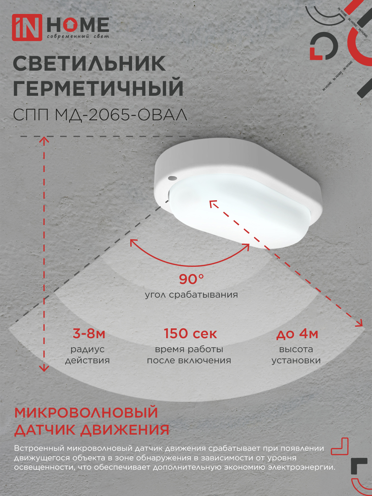 Светильник светодиодный герметичный СПП МД-2065-ОВАЛ 20Вт 6500К 1800Лм с микроволновым датчиком IP65 195х94мм IN HOME в Хабаровске