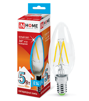 Лампа светодиодная LED-СВЕЧА-deco 5Вт 230В Е14 4000К 450Лм прозрачная IN HOME в Хабаровске