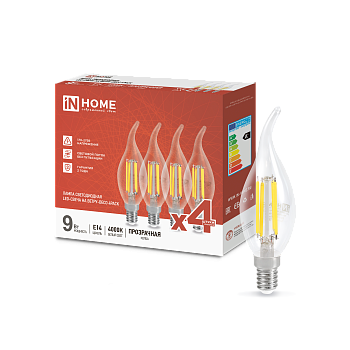 Лампа светодиодная LED-СВЕЧА НА ВЕТРУ-deco 4PACK 9Вт 230В Е14 4000К 1040Лм (4шт./упак) прозрачная IN HOME в Хабаровске
