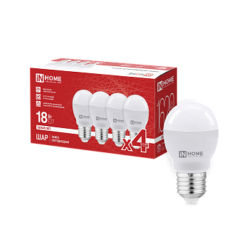 Лампа светодиодная LED-ШАР-VC 4PACK 18Вт 230В Е27 4000К 1620Лм (4шт./упак) IN HOME в Хабаровске