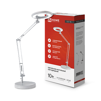 Светильник настольный светодиодный CRAFT ССО-17Б 10Вт 6500К 700Лм с оптическим фильтром, с адаптером БЕЛЫЙ IN HOME в Хабаровске