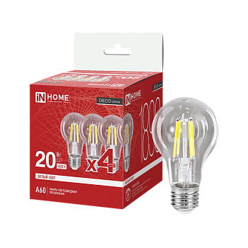 Лампа светодиодная LED-A60-deco 4PACK 20Вт 230В Е27 4000К 1890Лм (4шт./упак) прозрачная IN HOME в Хабаровске