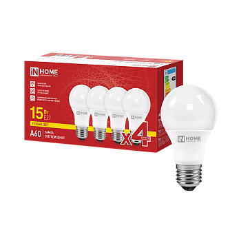 Лампа светодиодная LED-A60-VC 4PACK 15Вт 230В Е27 3000К 1430Лм (4шт./упак) IN HOME в Хабаровске