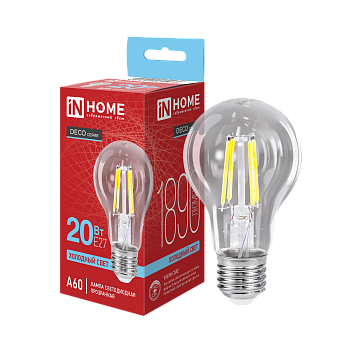 Лампа светодиодная LED-A60-deco 20Вт 230В Е27 6500К 1890Лм прозрачная IN HOME в Хабаровске