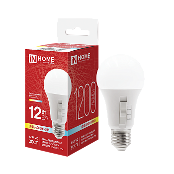 Лампа светодиодная LED-A60-VC 12Вт 230В Е27 1200Лм 3ССТ 3000/4000/6500К с переключателем на лампе IN HOME в Хабаровске