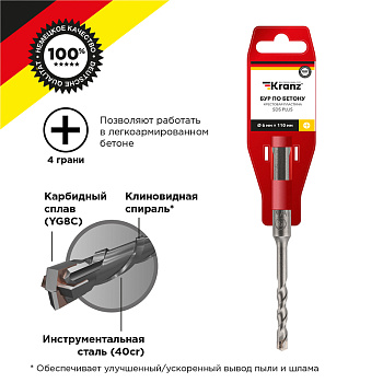 Бур по бетону 6х110 мм крестовая пластина SDS PLUS Kranz в Хабаровске