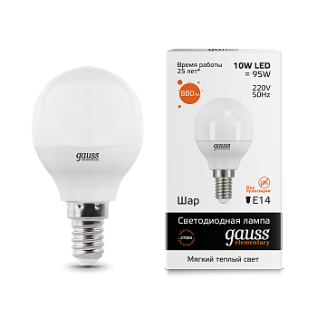 Лампа светодиодная LED-ШАР 10Вт E14 3000K 880Лм Elementary GAUSS в Хабаровске