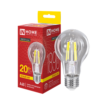 Лампа светодиодная LED-A60-deco 20Вт 230В Е27 3000К 1890Лм прозрачная IN HOME в Хабаровске