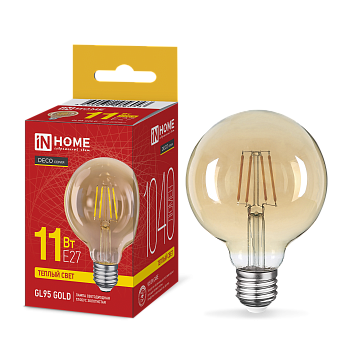 Лампа светодиодная LED-GL95-deco gold 11Вт 230В E27 3000K 1040Лм 95мм золотистая IN HOME в Хабаровске