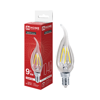 Лампа светодиодная LED-СВЕЧА НА ВЕТРУ-deco 9Вт 230В Е14 4000К 1040Лм прозрачная IN HOME в Хабаровске