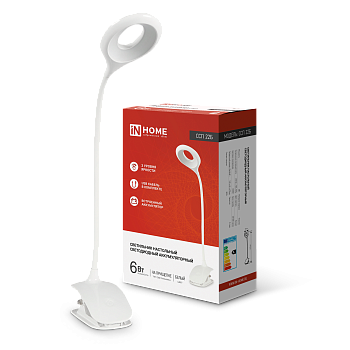 Светильник настольный светодиодный CRAFT ССП-22Б аккумулятор 6Вт 480Лм, сенсор-диммер, USB-кабель, на прищепке БЕЛЫЙ IN HOME в Хабаровске